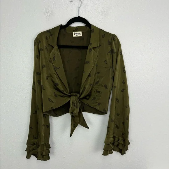Show Me Your MuMu Maureen Olive Green Paisley Print Tie Know Front Crop Top